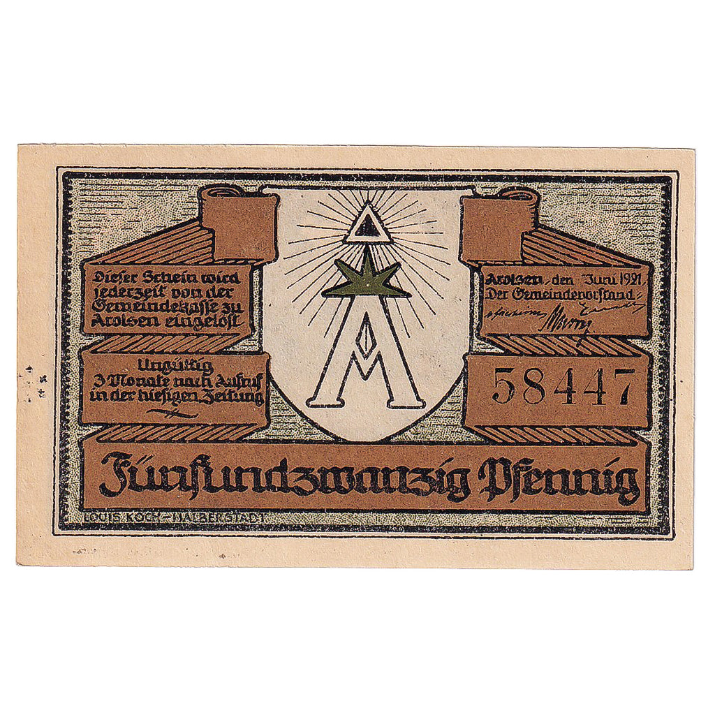 Geldschein, Deutschland, Arolsen, 25 Pfennig, château, 1921, UNZ-, Mehl:44.1a