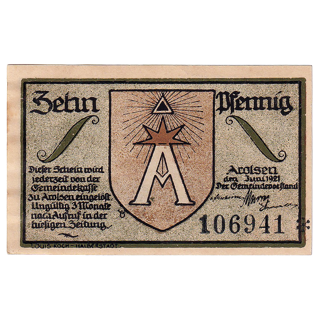 Banconote, Germania, Arolsen, 10 Pfennig, paysage, 1921, SPL, Mehl:44.1a