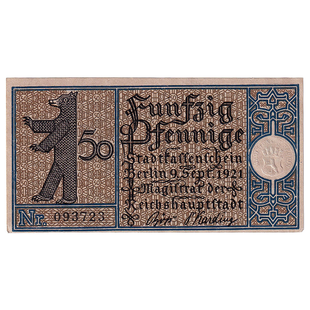 Nota, Alemanha, Berlin, 50 Pfennig, jardin, 1921, 1921-09-09, UNC(63), Mehl:92.1