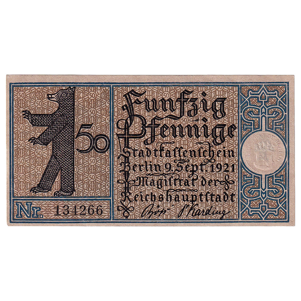 Geldschein, Deutschland, Berlin, 50 Pfennig, moulin 1921-09-09, UNZ- Mehl:92.1