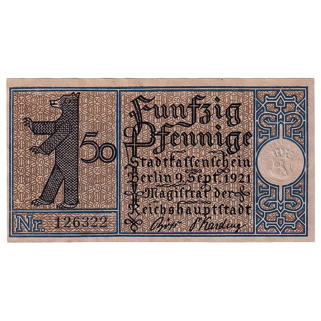 Banknot, Niemcy, Berlin, 50 Pfennig, fleuve 1921-09-09, UNC(63) Mehl:92.1