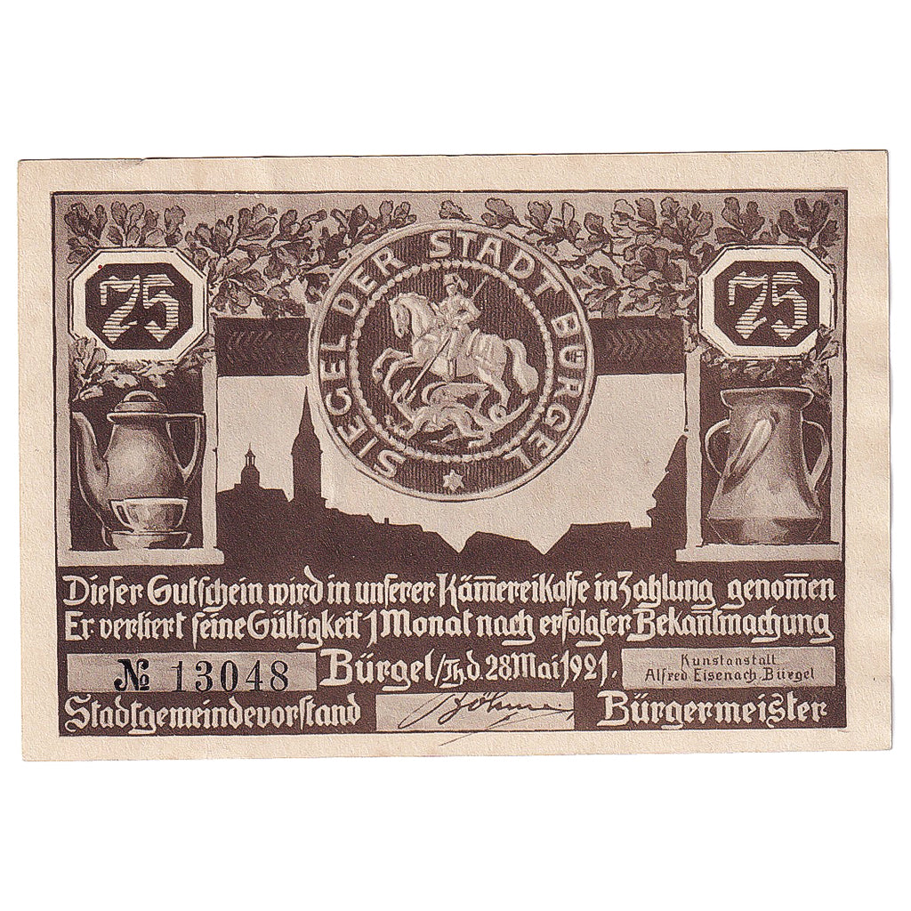 Banknot, Niemcy, Bürgel, 75 Pfennig, chevalier 1921-05-28, UNC(63) Mehl:201.1a