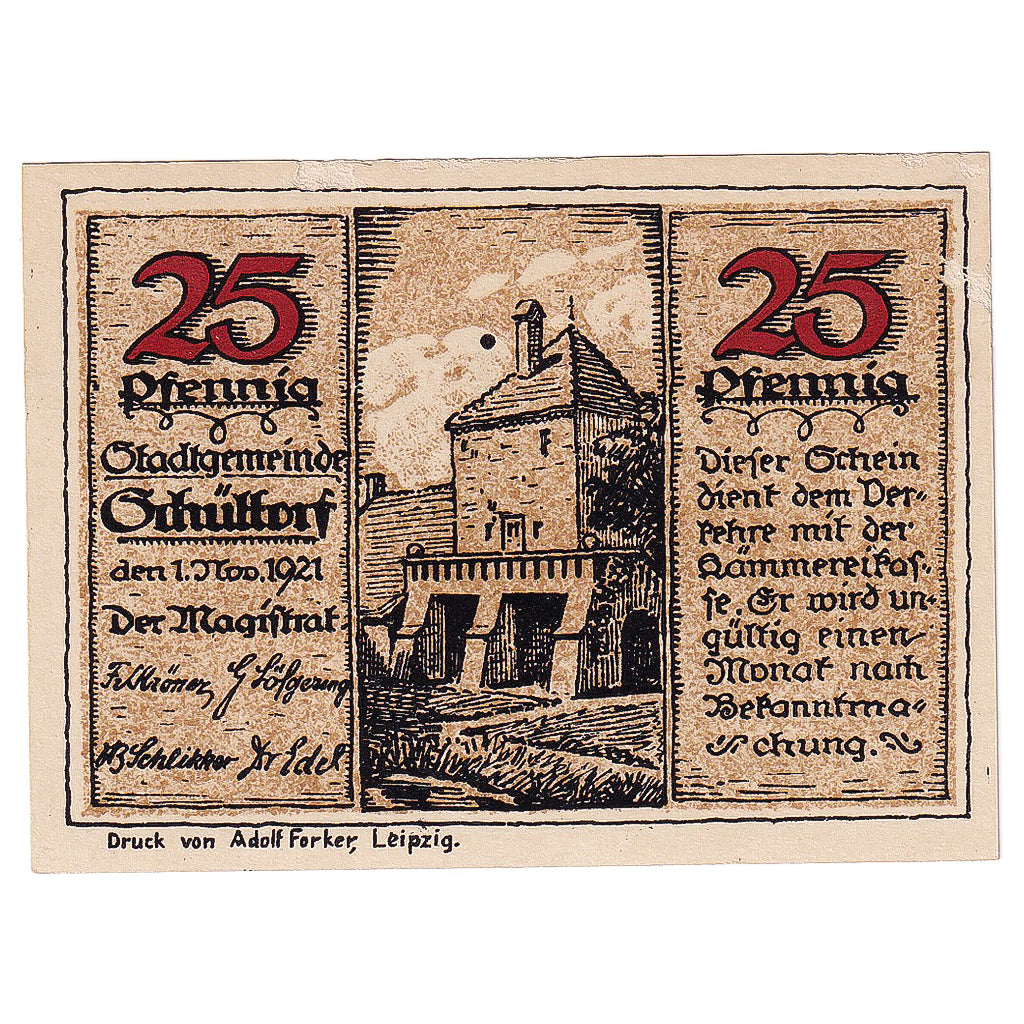 Geldschein, Deutschland, Schuttorf, 25 Pfennig, château, 1921, UNZ- Mehl:1202.1
