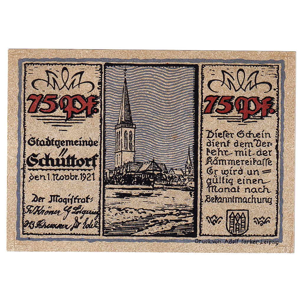 Geldschein, Deutschland, Schuttorf, 75 Pfennig, Eglise 1921 UNZ- Mehl:1202.1