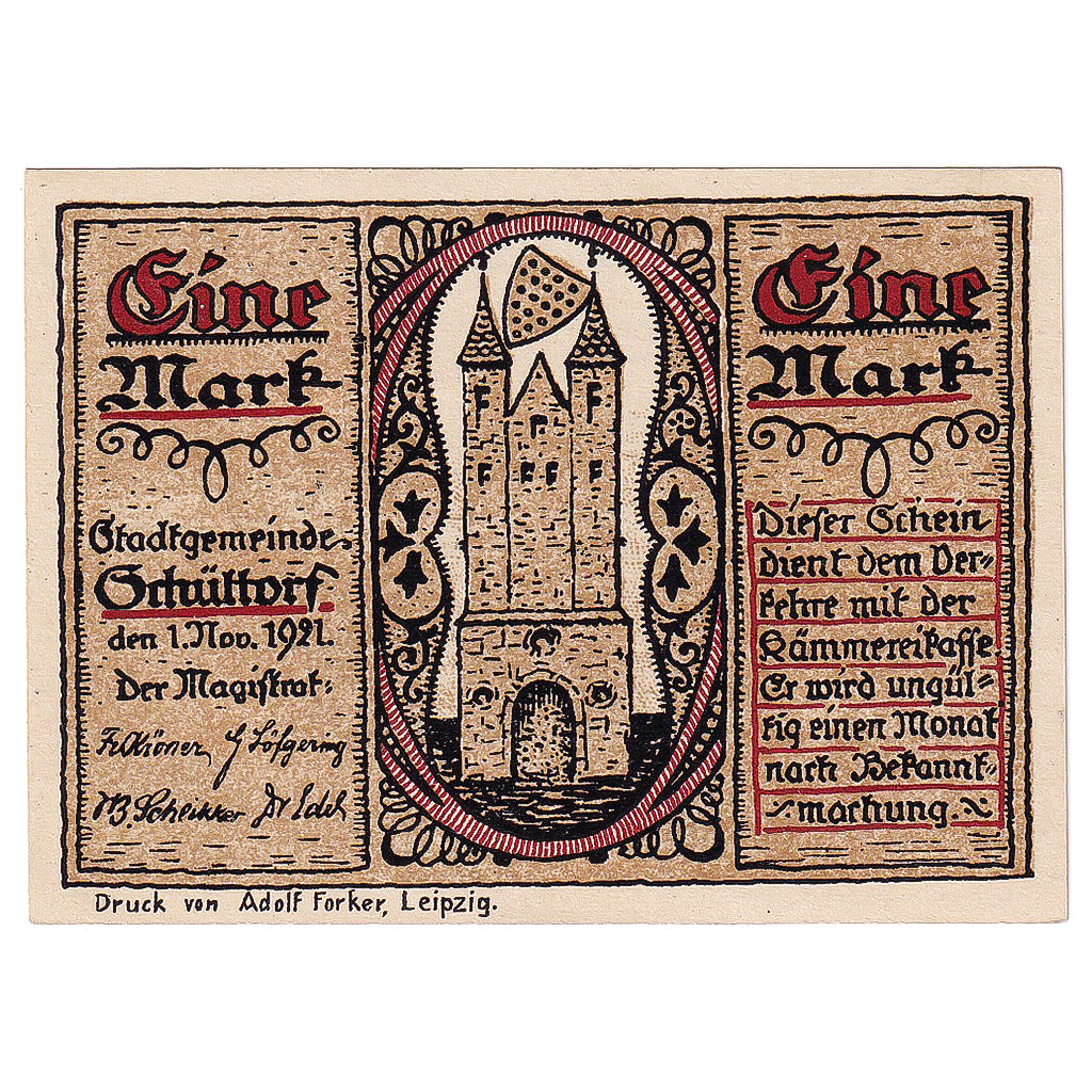 Geldschein, Deutschland, Schuttorf, 1 Mark, château 1921-11-01, UNZ- Mehl:1202.1
