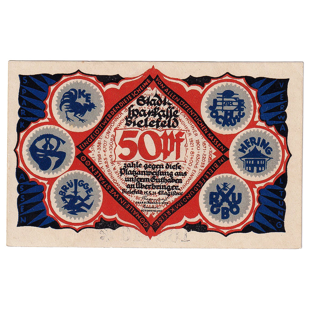 Banknot, Niemcy, Bielefeld, 50 Pfennig, personnage 1921-05-15 UNC(63) Mehl:103.5
