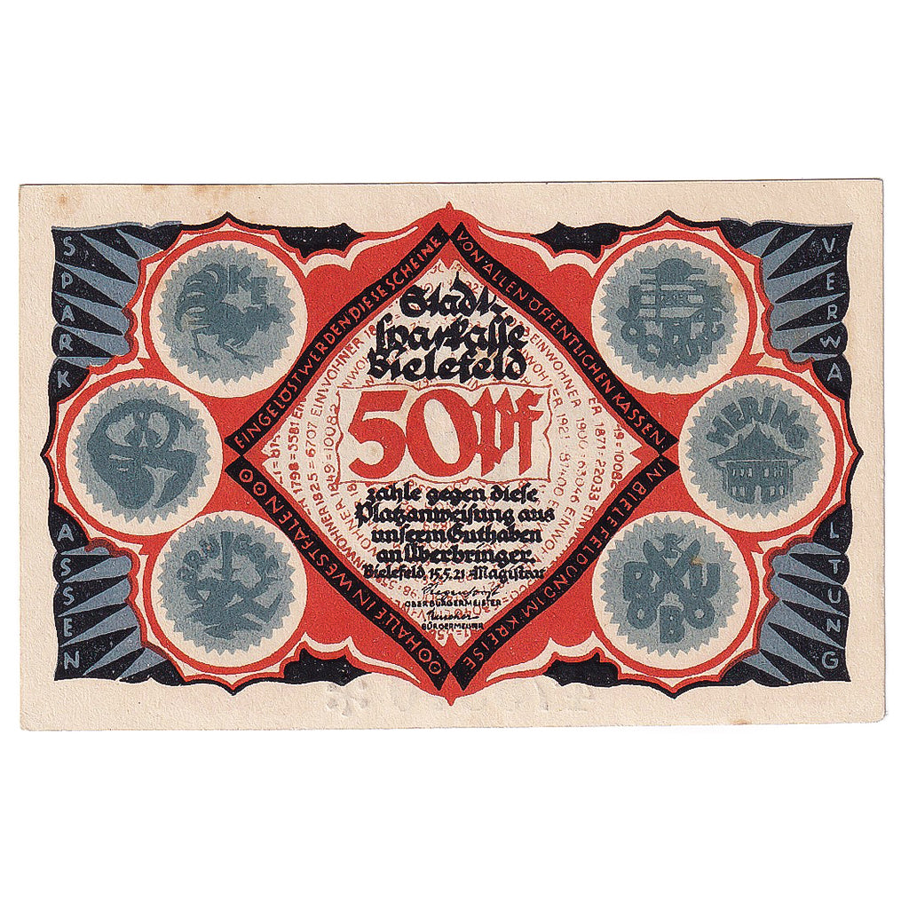 Banknot, Niemcy, Bielefeld, 50 Pfennig, personnage 1, 1921 UNC(63) Mehl:103.5