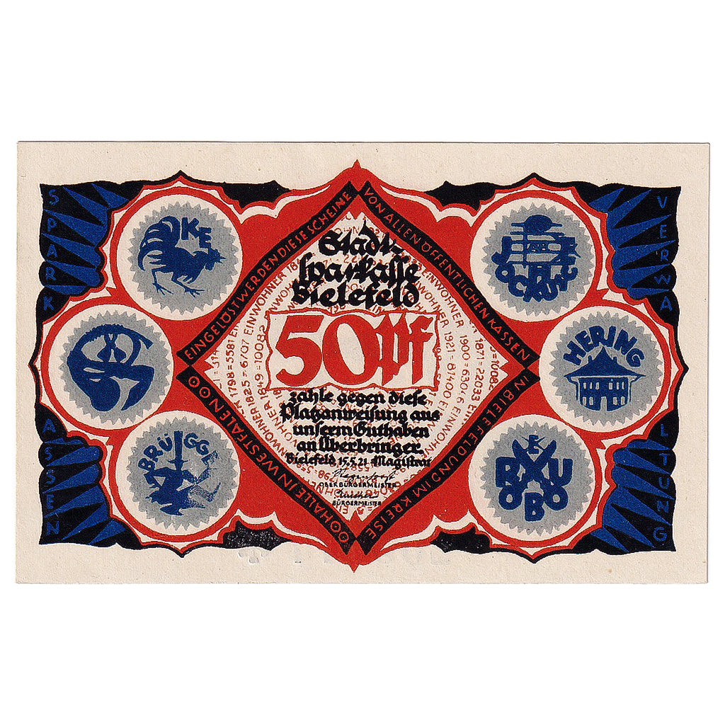 Geldschein, Deutschland, Bielefeld, 50 Pfennig, Cigogne 1921 UNZ- Mehl:103.5