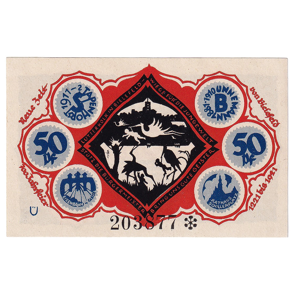 Geldschein, Deutschland, Bielefeld, 50 Pfennig, Cigogne 1921 UNZ- Mehl:103.5