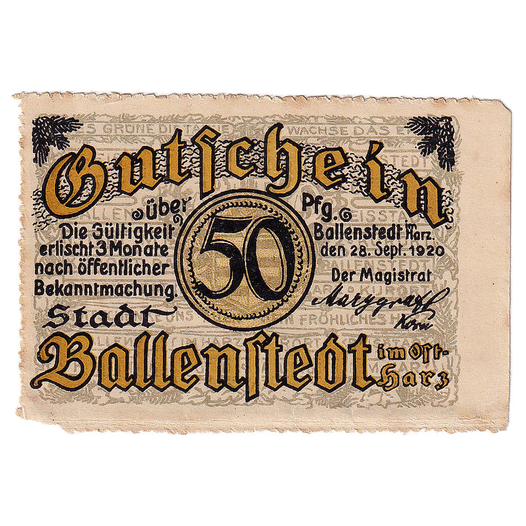 Geldschein, Deutschland, Ballenstedt, 50 Pfennig, paysage 1920 SS Mehl:61.1a