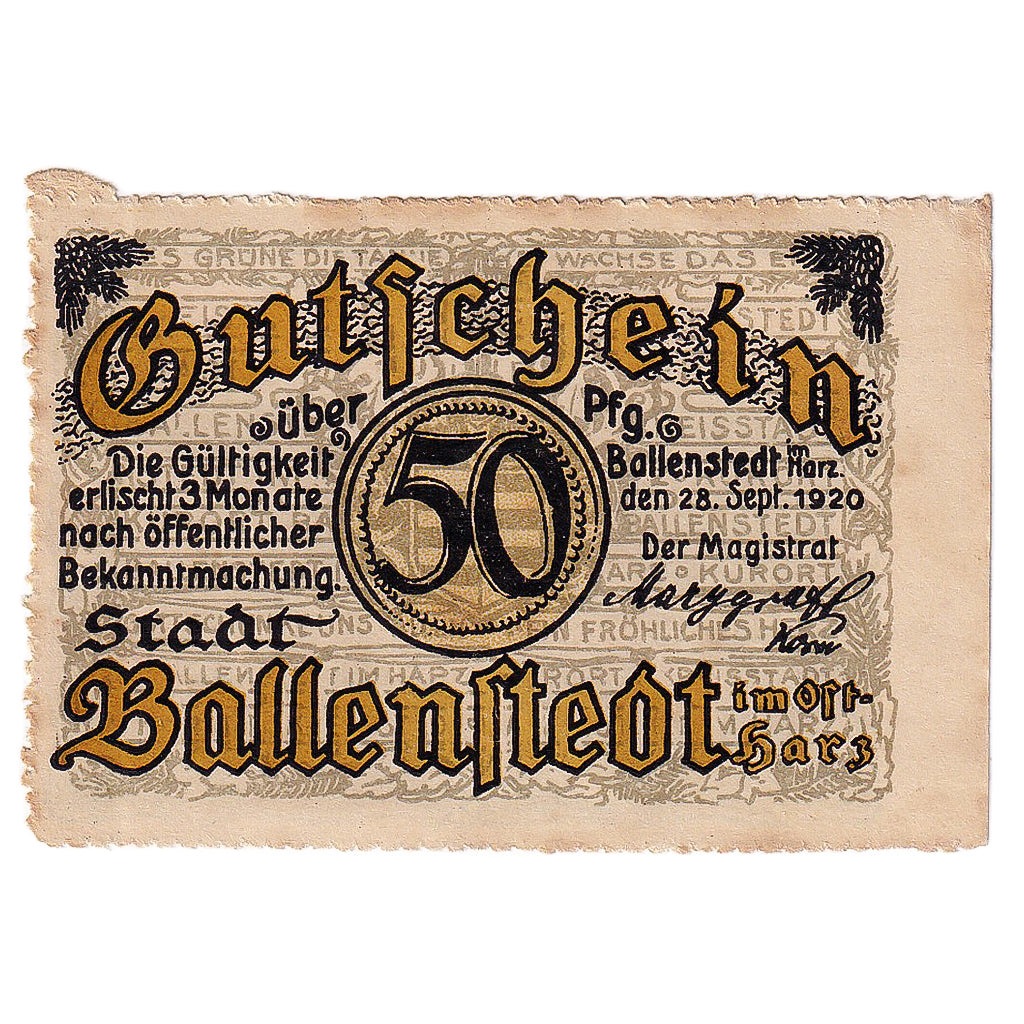 Banknot, Niemcy, Ballenstedt, 50 Pfennig, montagne 1920 AU(55-58) Mehl:61.1a