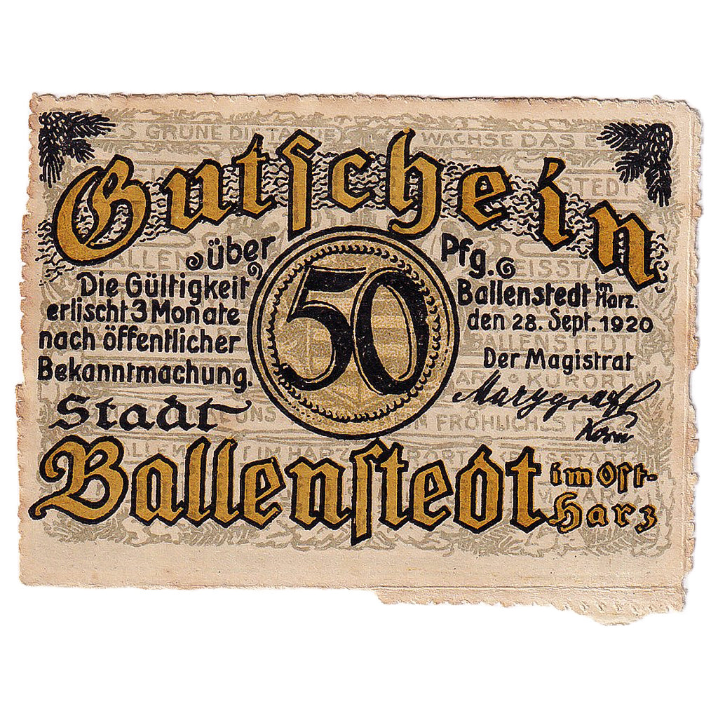 Banconote, Germania, Ballenstedt, 50 Pfennig, cheminé 1920-09-28, BB Mehl:61.1a