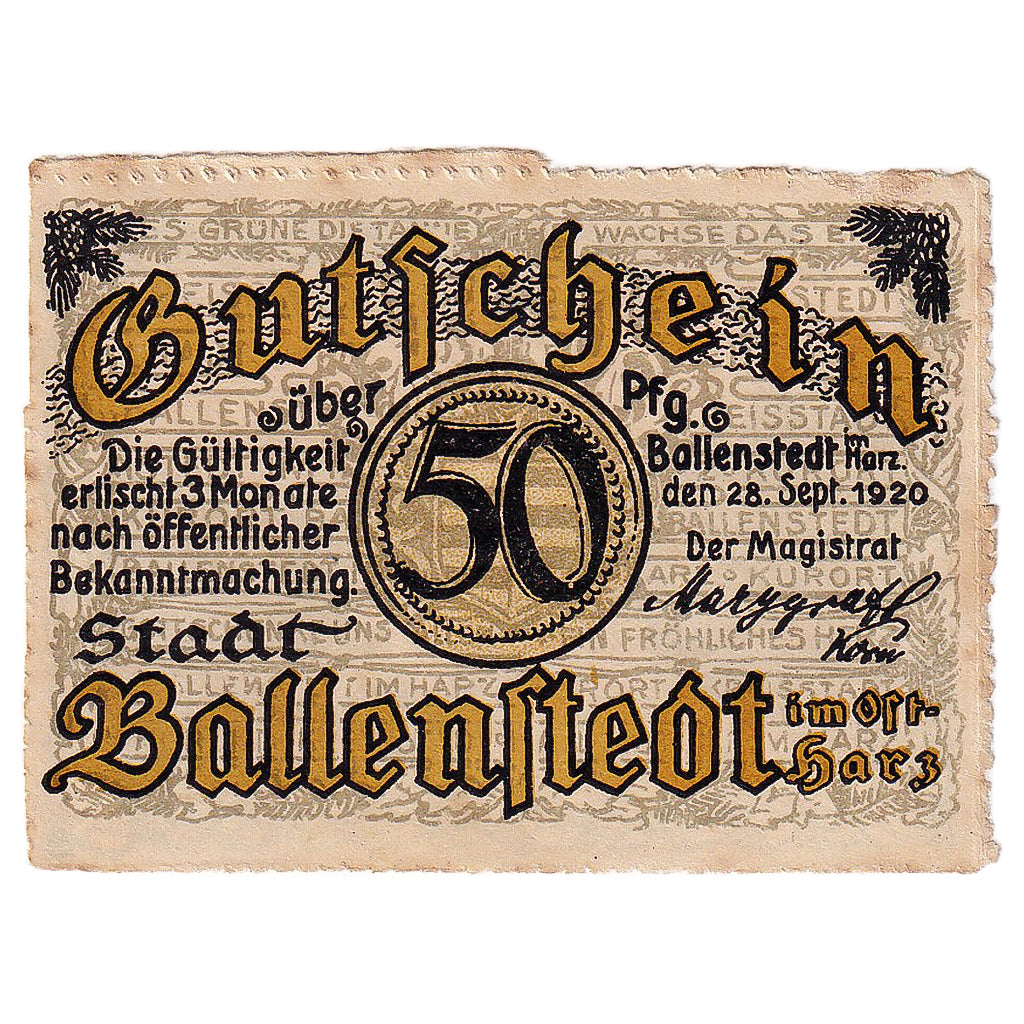 Geldschein, Deutschland, Ballenstedt, 50 Pfennig, avenue, 1920 UNZ- Mehl:61.1a