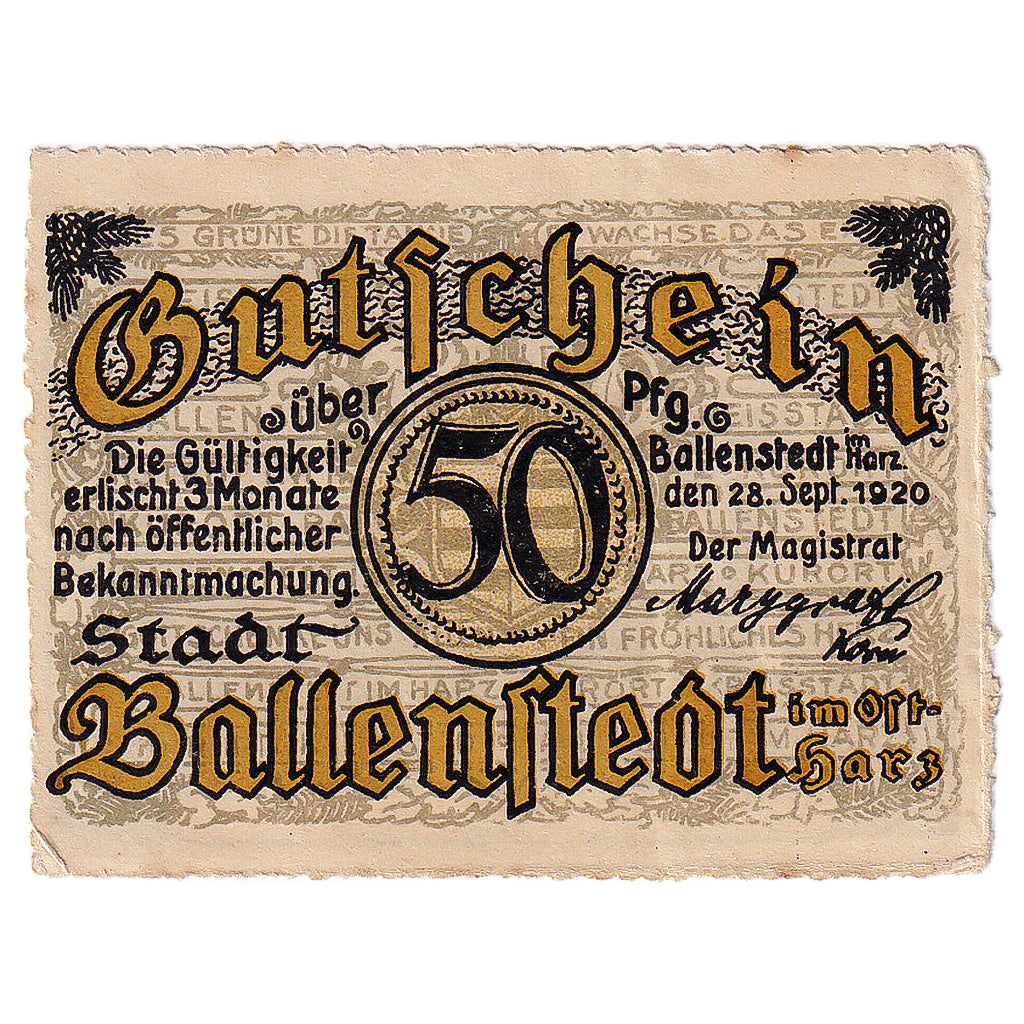 Banknot, Niemcy, Ballenstedt, 50 Pfennig, fleuve 1920-09-28 EF(40-45) Mehl:61.1a