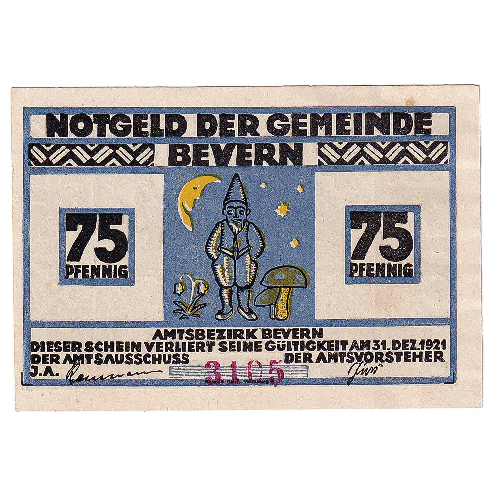 Nota, Alemanha, Bevern, 75 Pfennig, lutin, 1921, 1921-12-31, UNC(63), Mehl:97.1a