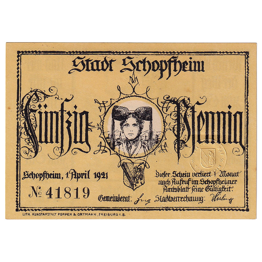 Banconote, Germania, Schopfheim, 50 Pfennig, portrait 1921-04-01 SPL Mehl:1201.1