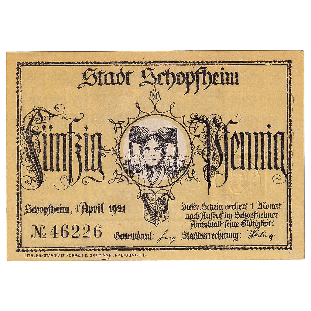 Banknot, Niemcy, Schopfheim, 50 Pfennig, personnage, 1921 UNC(63) Mehl:1201.1