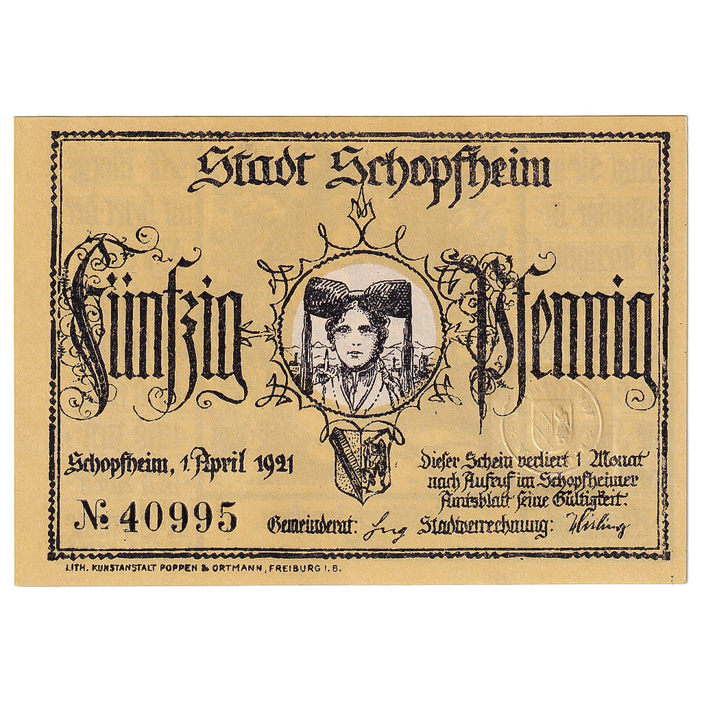 Geldschein, Deutschland, Schopfheim, 50 Pfennig, dame 1921 UNZ- Mehl:1201.1