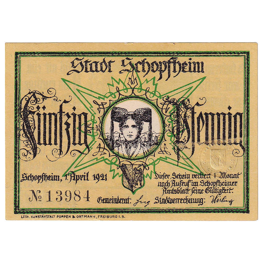 Banknot, Niemcy, Schopfheim, 50 Pfennig, famille 1921-04-01, UNC(63) Mehl:1201.2