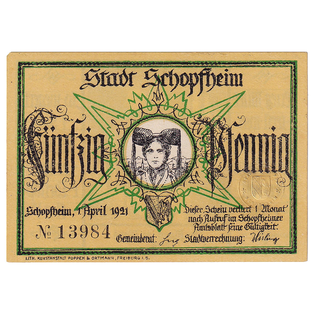 Geldschein Deutschland Schopfheim 50 Pfennig, personnage, 1921 UNZ- Mehl:1201.2