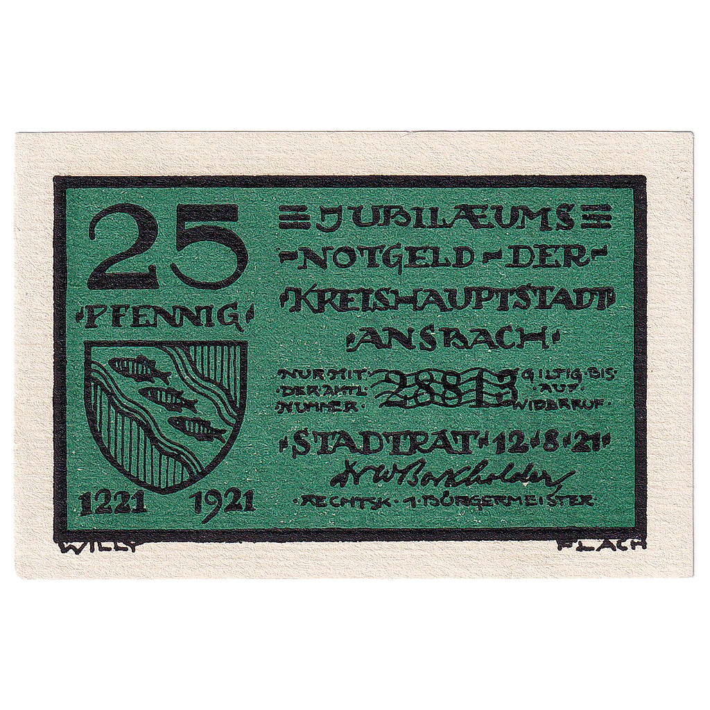 Geldschein, Deutschland, Ansbach, 25 Pfennig, Blason 1921-08-12, UNZ- Mehl:35.2c