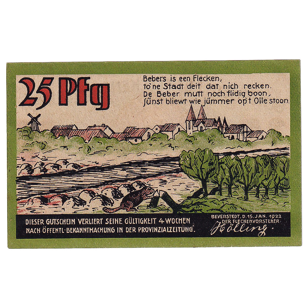 Banknot, Niemcy, Beverstedt, 25 Pfennig, Eglise 1922-01-15, UNC(63) Mehl:98.1