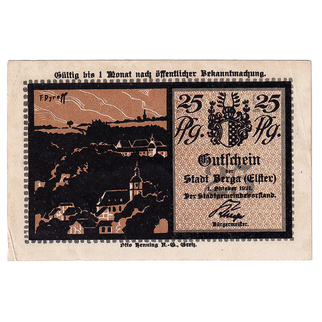 Billete, Alemania, Berga, 25 Pfennig, cheval, 1921, 1921-10-01, SC, Mehl:77.1