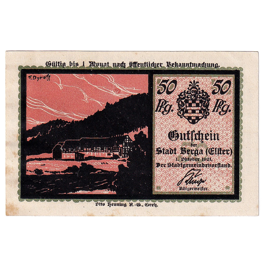 Geldschein, Deutschland, Berga, 50 Pfennig, paysage 1921-10-01, UNZ- Mehl:77.1
