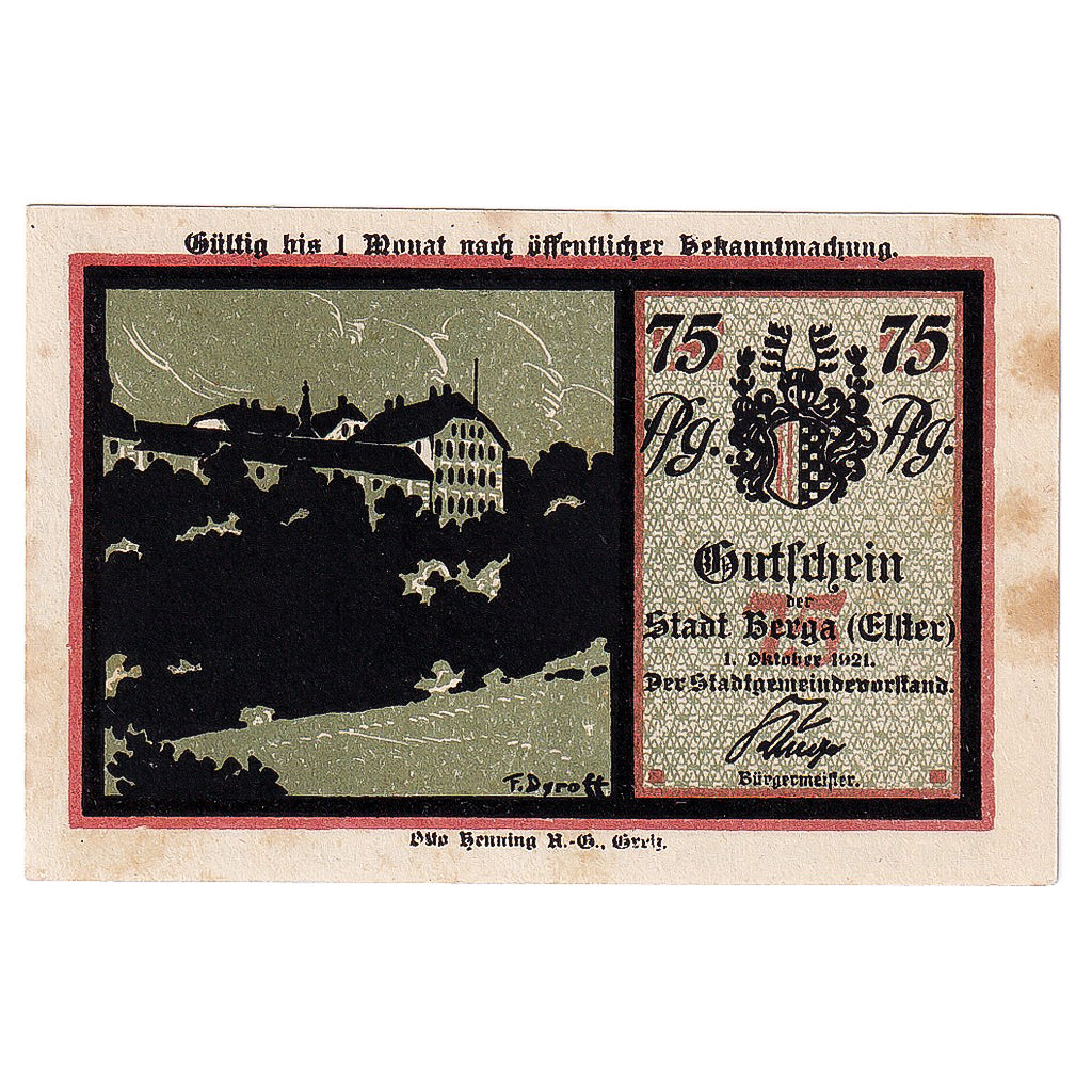 Banconote, Germania, Berga, 75 Pfennig, château 1921-10-01, SPL- Mehl:77.1