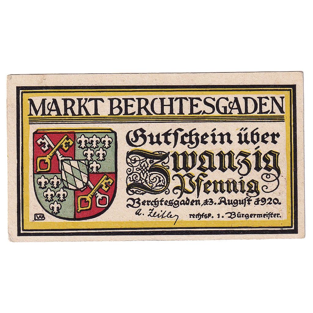 Billete, Alemania, Berchtesgaden, 20 Pfennig, paysage, 1920, SC Mehl:76.4