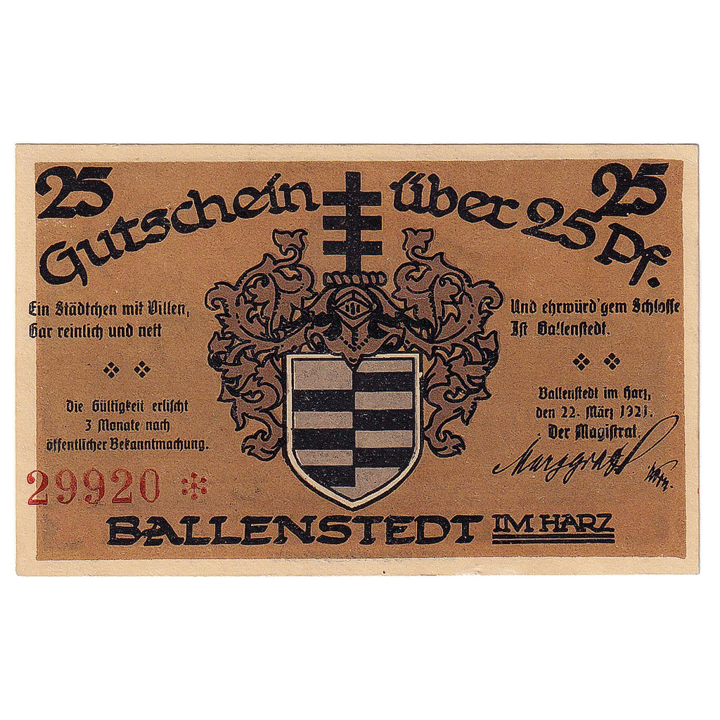 Geldschein, Deutschland, Ballenstedt, 25 Pfennig, statue, 1921 UNZ- Mehl:61.3