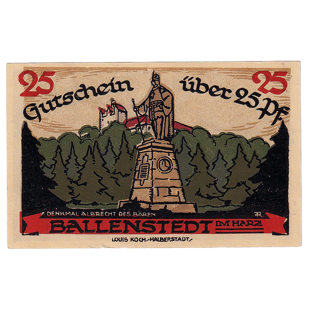 Geldschein, Deutschland, Ballenstedt, 25 Pfennig, statue, 1921 UNZ- Mehl:61.3