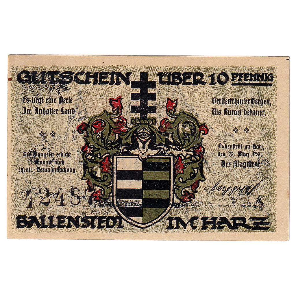 Banknot, Niemcy, Ballenstedt, 10 Pfennig, Blason 1921-03-22, UNC(63) Mehl:61.3