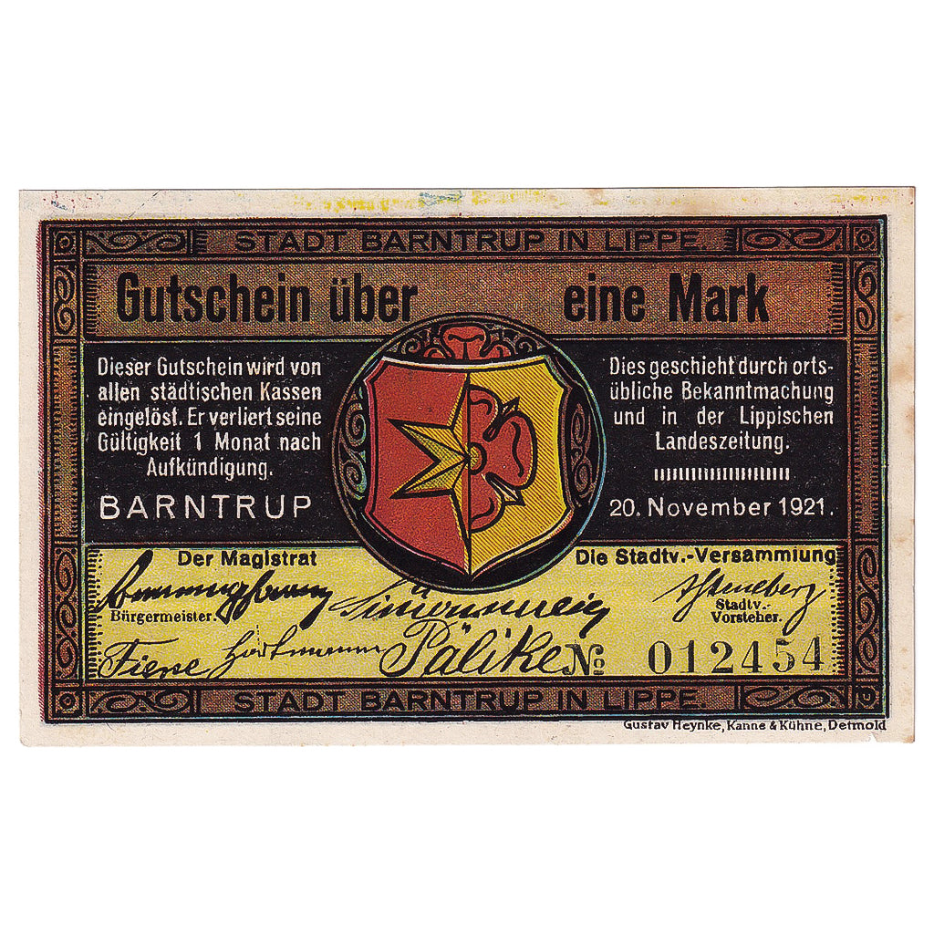 Geldschein, Deutschland, Barntrup, 1 Mark, personnage 1921-11-20, VZ Mehl:66.1F