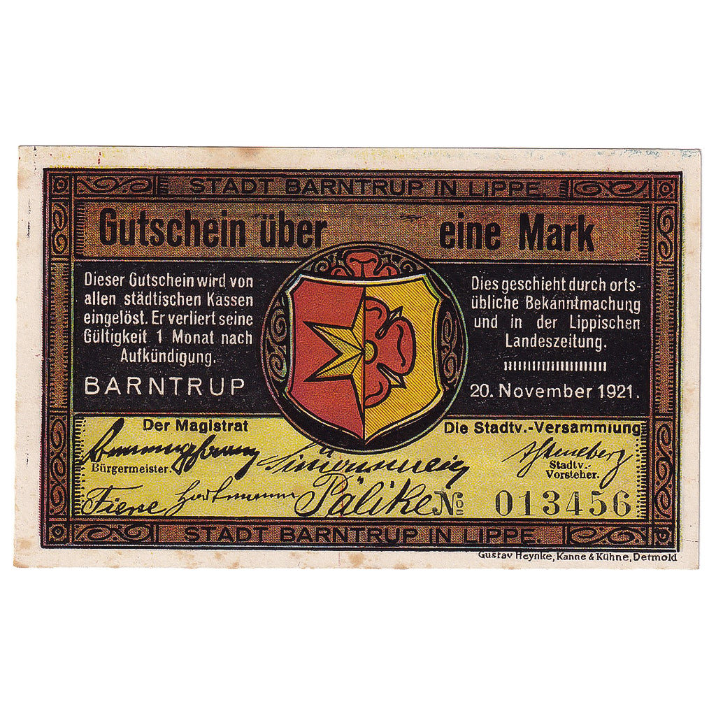 Geldschein, Deutschland, Barntrup, 1 Mark, champs 1921-11-20, UNZ- Mehl:66.1F