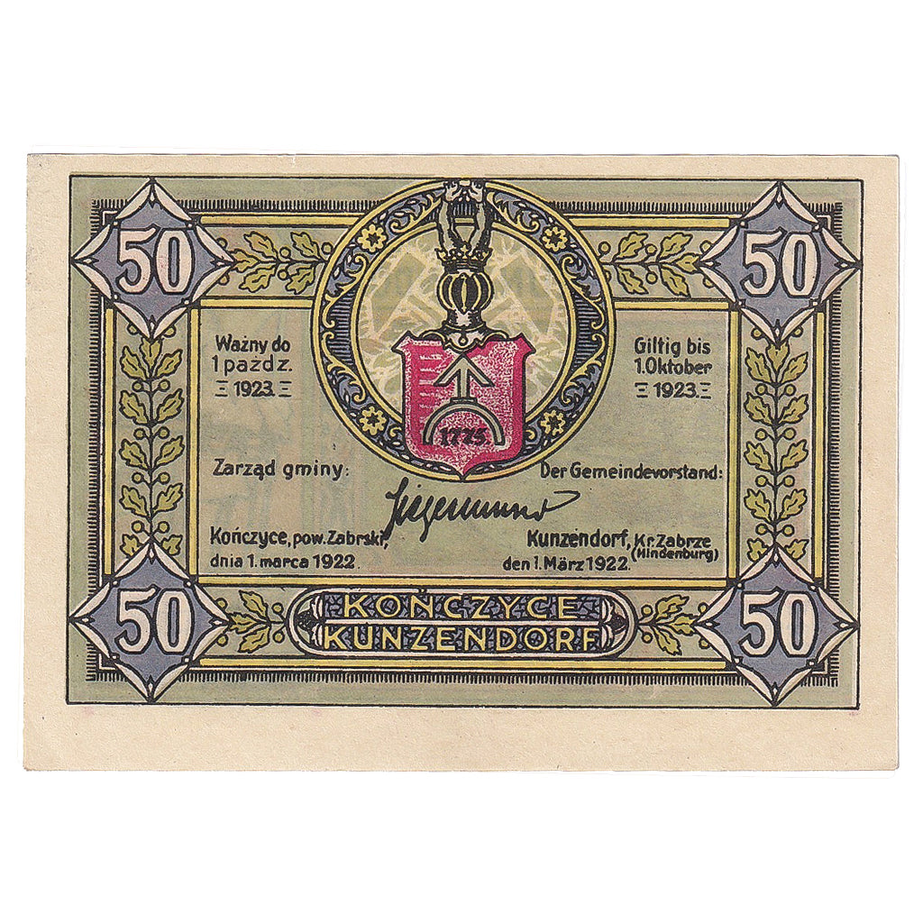 Biljet, Duitsland, Kunzendorf, 50 Pfennig, Blason 1923-10-01, SPL Mehl:750.1a