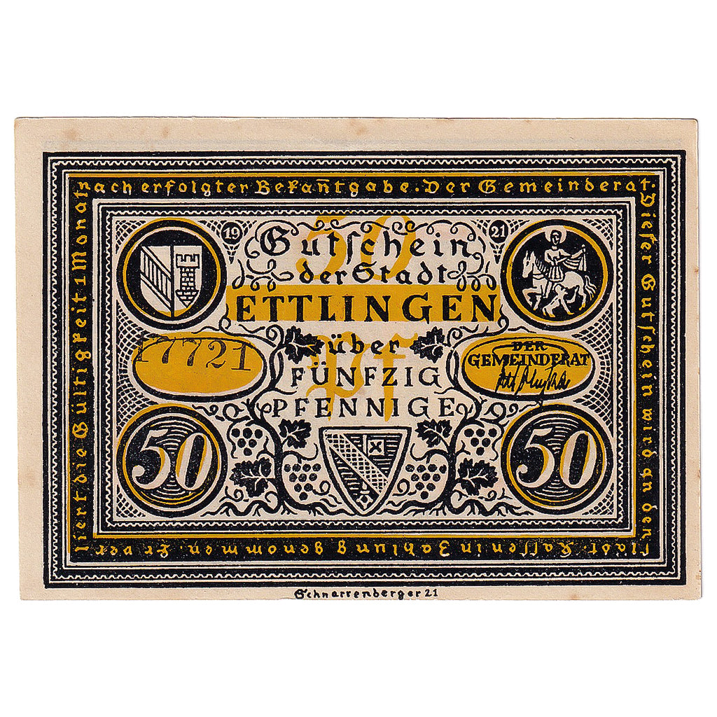 Nota, Alemanha, Ettlingen, 50 Pfennig, Eglise, 1921, UNC(60-62), Mehl:355.1a