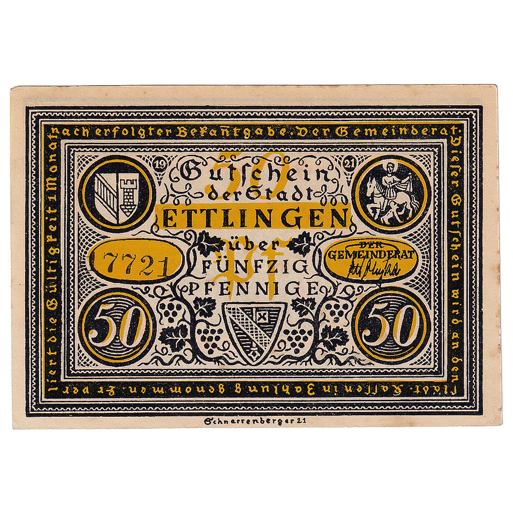 Banconote, Germania, Ettlingen, 50 Pfennig, personnage, 1921, SPL, Mehl:355.1a