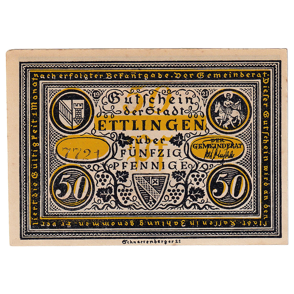 Geldschein Deutschland Ettlingen 50 Pfennig personnage 1, 1921, VZ+ Mehl:355.1a