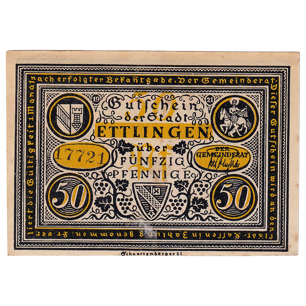 Geldschein, Deutschland, Ettlingen, 50 Pfennig, Blason, 1921, VZ, Mehl:355.1a