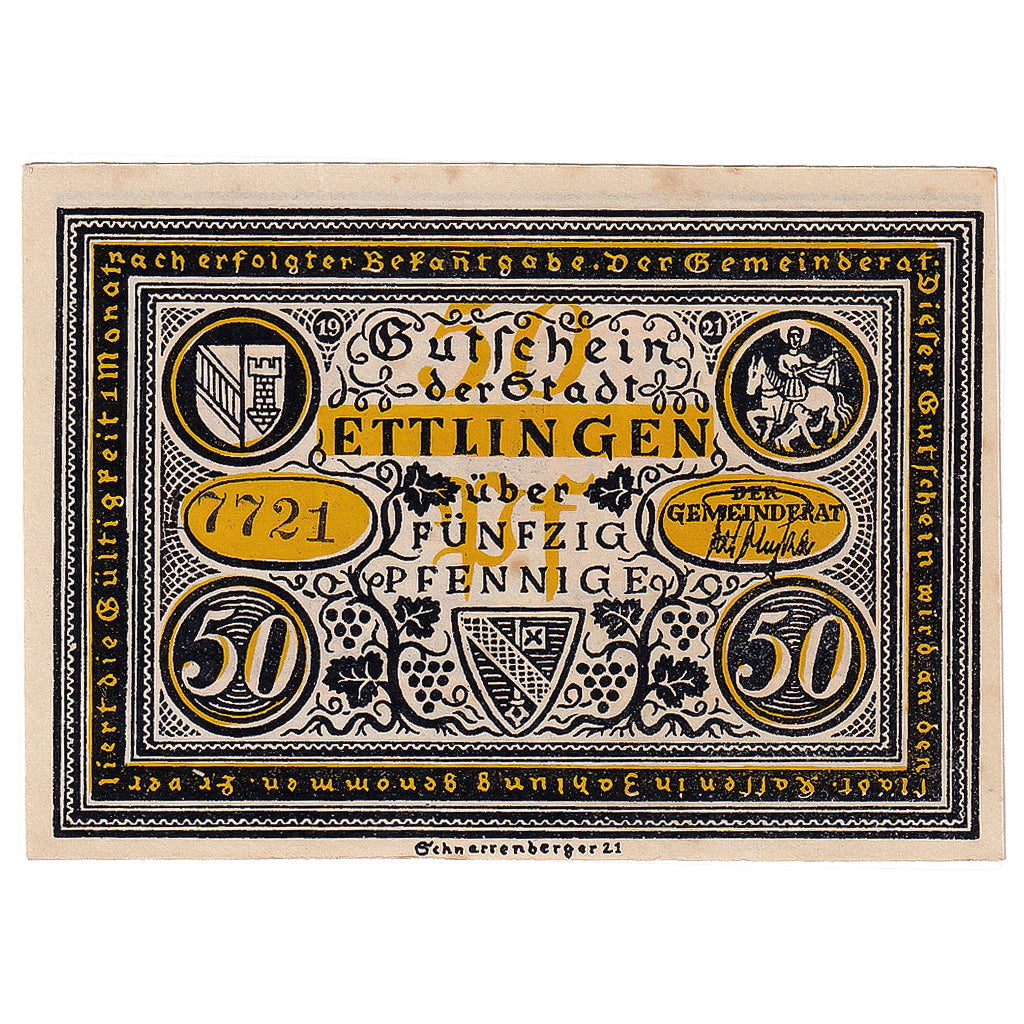 Billete, Alemania, Ettlingen, 50 Pfennig, charette, 1921, EBC+, Mehl:355.1a