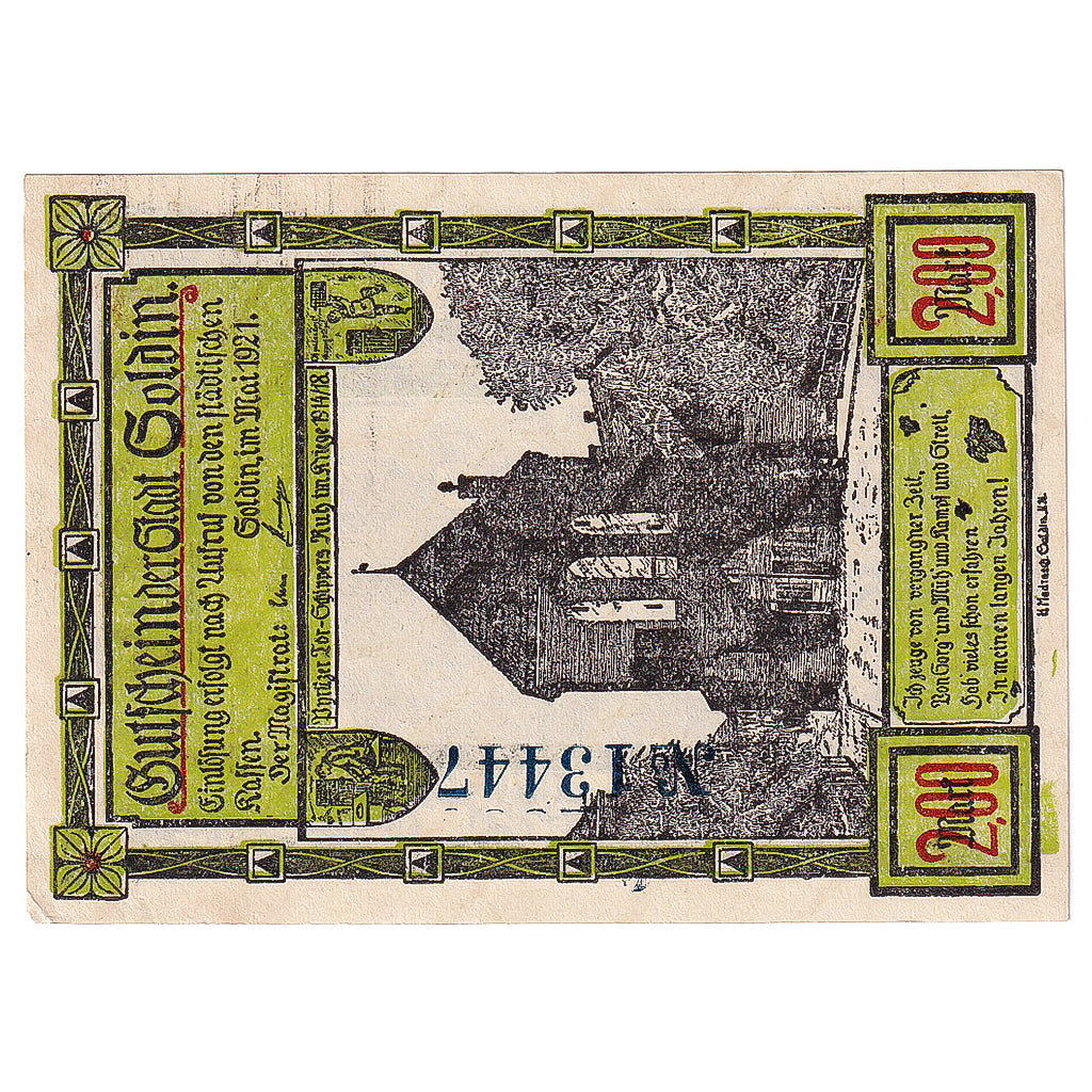 Geldschein, Deutschland, Soldin, 2 Mark, Eglise, 1921, UNZ-, Mehl:1235.2a