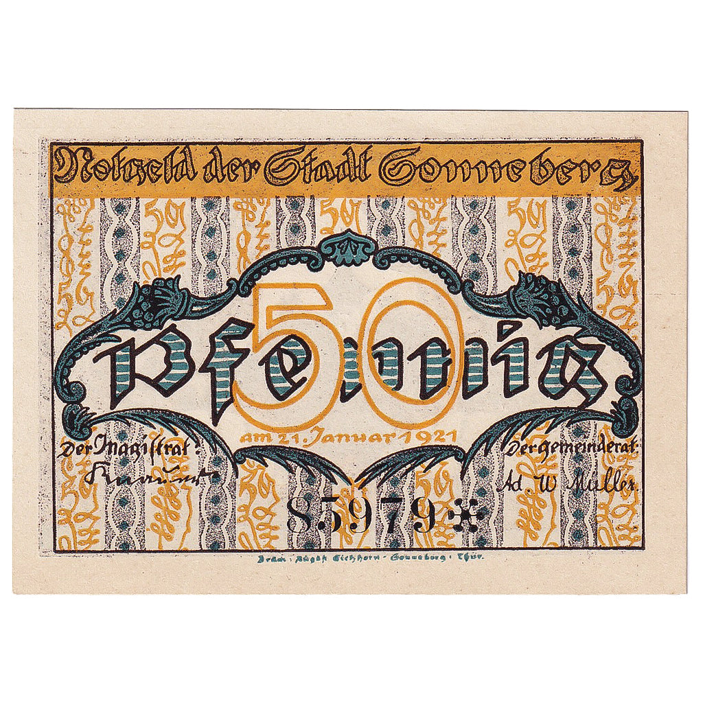 Geldschein, Deutschland, Sonneberg, 50 Pfennig, tour, 1921, UNZ- Mehl:1244.1a