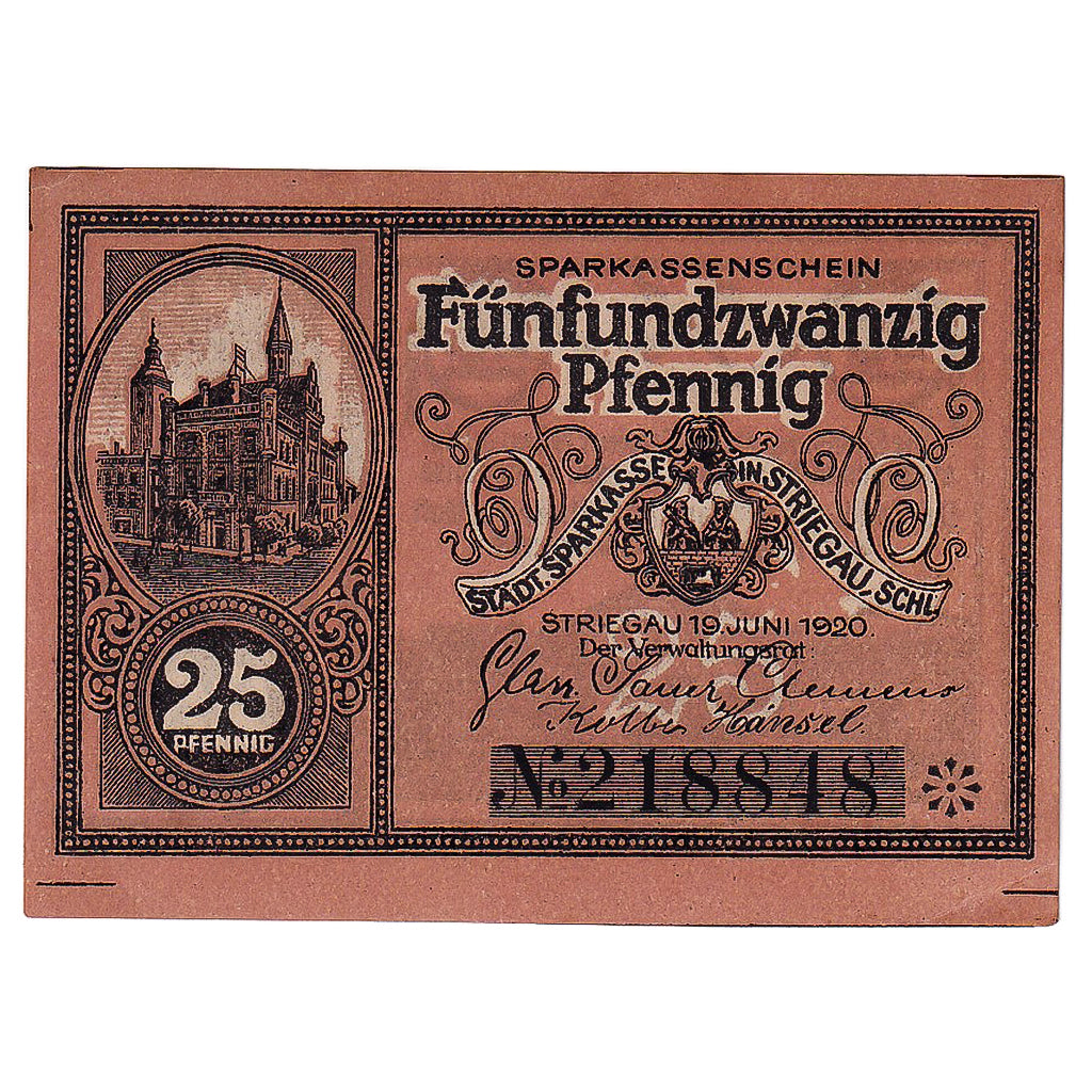 Banconote, Germania, Striegau, 25 Pfennig, village 1920-06-19, SPL Mehl:S124.2c