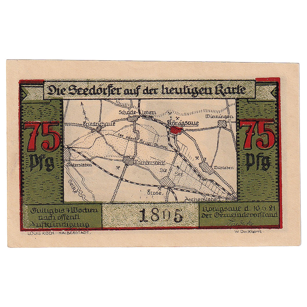 Banknot, Niemcy, Königsaue, 75 Pfennig, carte 1921-06-10, UNC(63) Mehl:721.1a