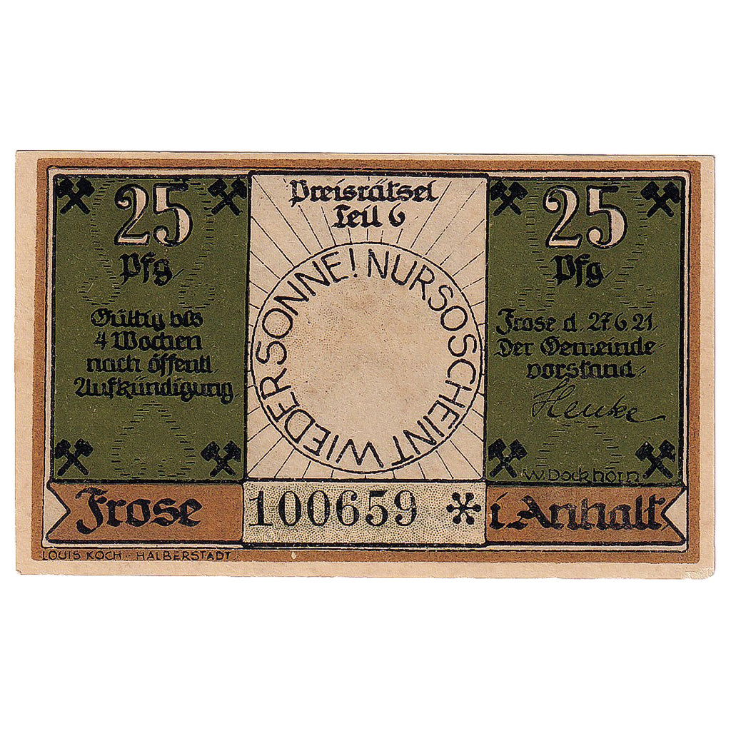 Billete, Alemania, Frose, 25 Pfennig, Mine, 1921, 1921-06-27, SC, Mehl:398.3a