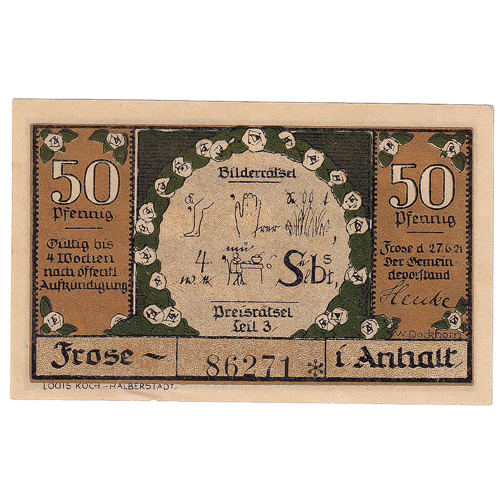 Billete, Alemania, Frose, 50 Pfennig, paysage, 1921, 1920-06-27, SC, Mehl:398.3a