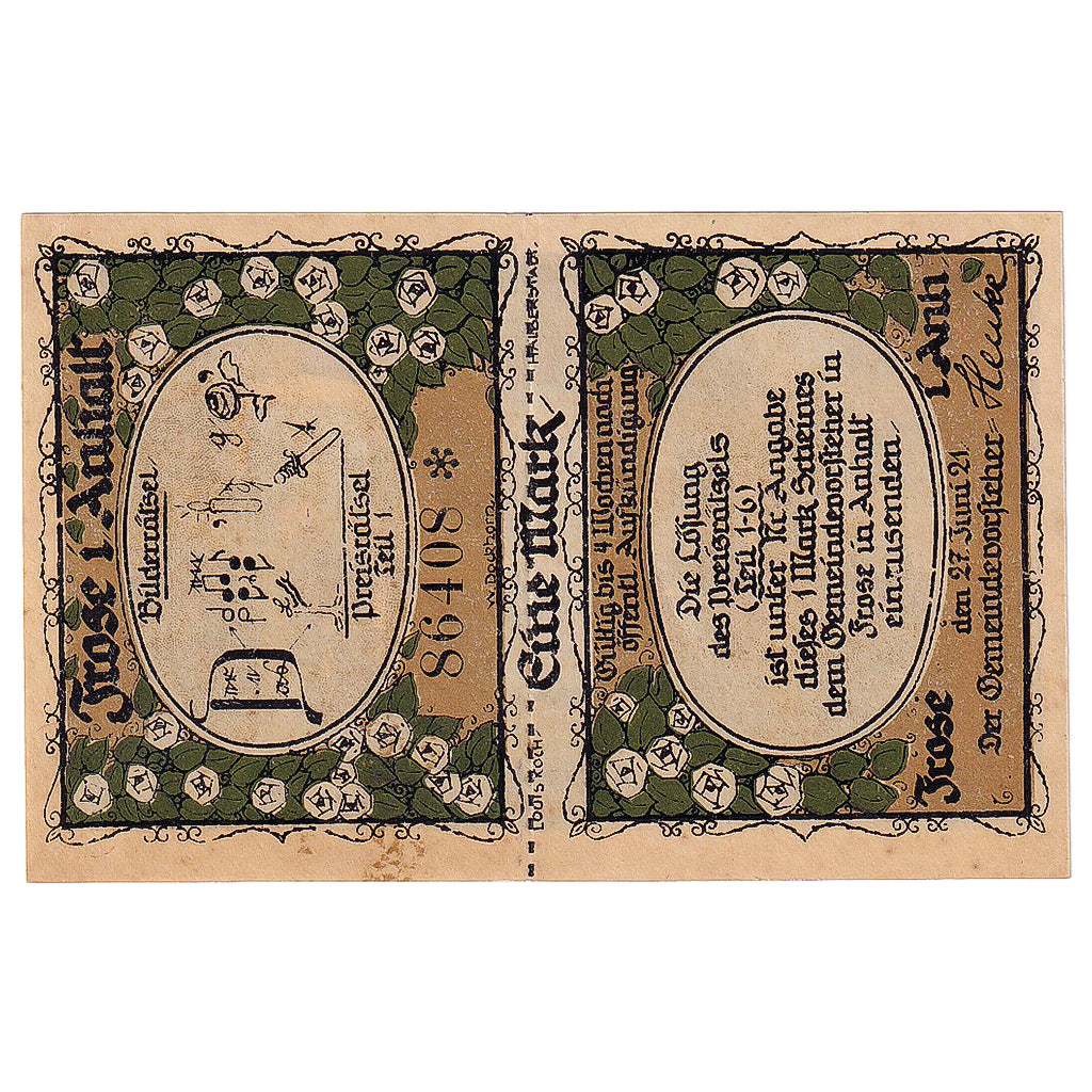 Billete, Alemania, Frose, 1 Mark, monastère, 1921, 1921-06-27, SC, Mehl:398.3a