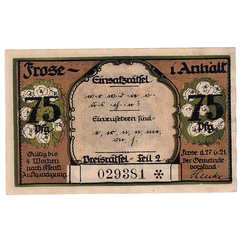 Geldschein, Deutschland, Frose, 75 Pfennig, Texte 1921-06-27, UNZ- Mehl:398.3a