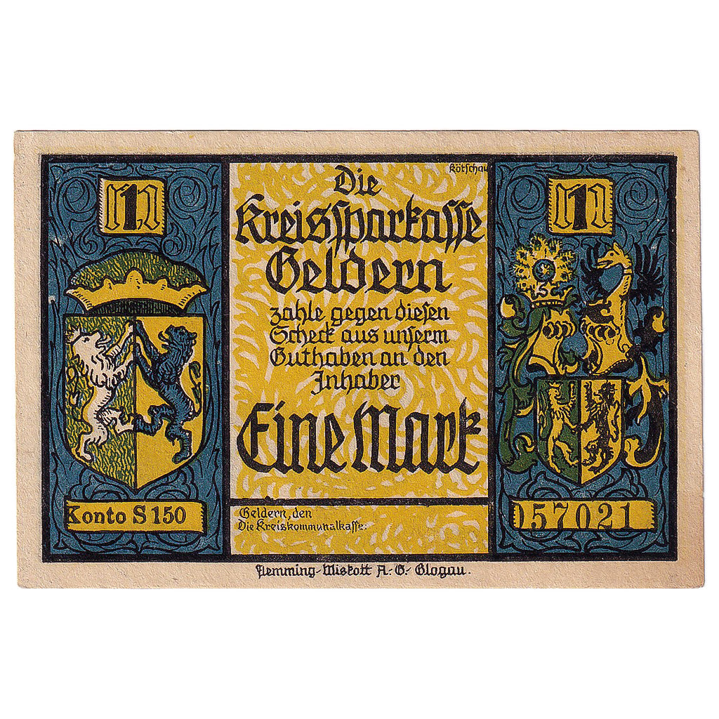 Banknot, Niemcy, Geldern, 1 Mark, chevalier, 1922, UNC(63), Mehl:414.1a